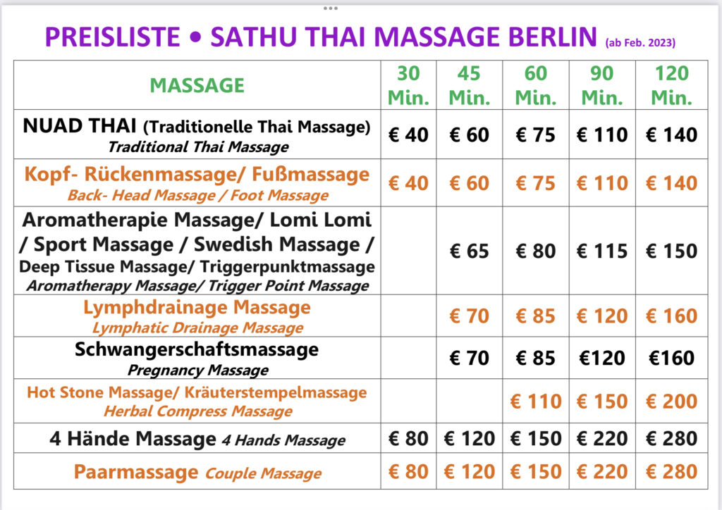 Sathu Thai Massage Berlin Preis und Leistungen